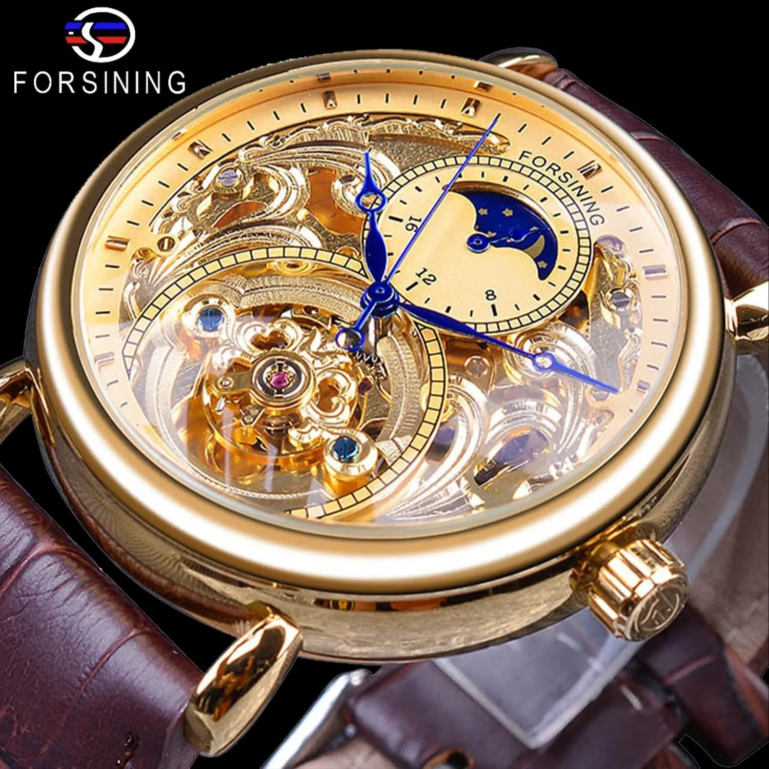 Mechanical Wristwatch, Leather Belt Automatic Movement Men Watches FORSINING Luxury Men's Watch with Moon Phase & glacial flap exempt detest Tourbillon, Retro Skeleton Hollow Self-wind 