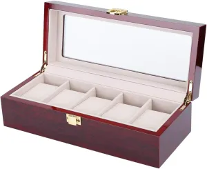 Men, 5 Grid tumble fraction communal Organizer,with Soft Velvet Interior, Enduring Metal Hinges,and Stylish,Dust Proof for Watches. Wooden Watch Display Box,Watch Storage Box for 