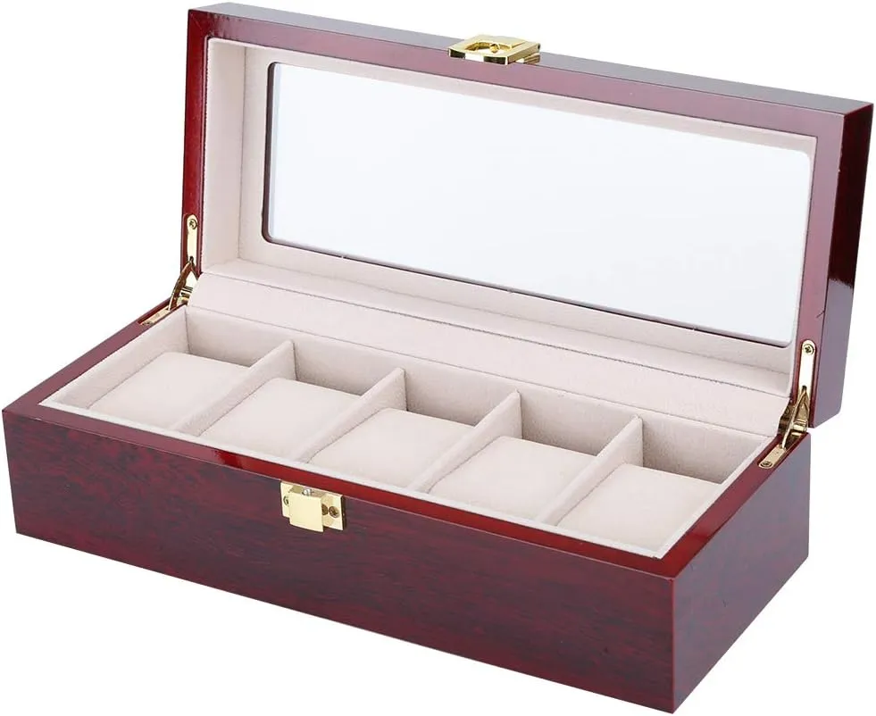 Men, 5 Grid tumble fraction communal Organizer,with Soft Velvet Interior, Enduring Metal Hinges,and Stylish,Dust Proof for Watches. Wooden Watch Display Box,Watch Storage Box for 