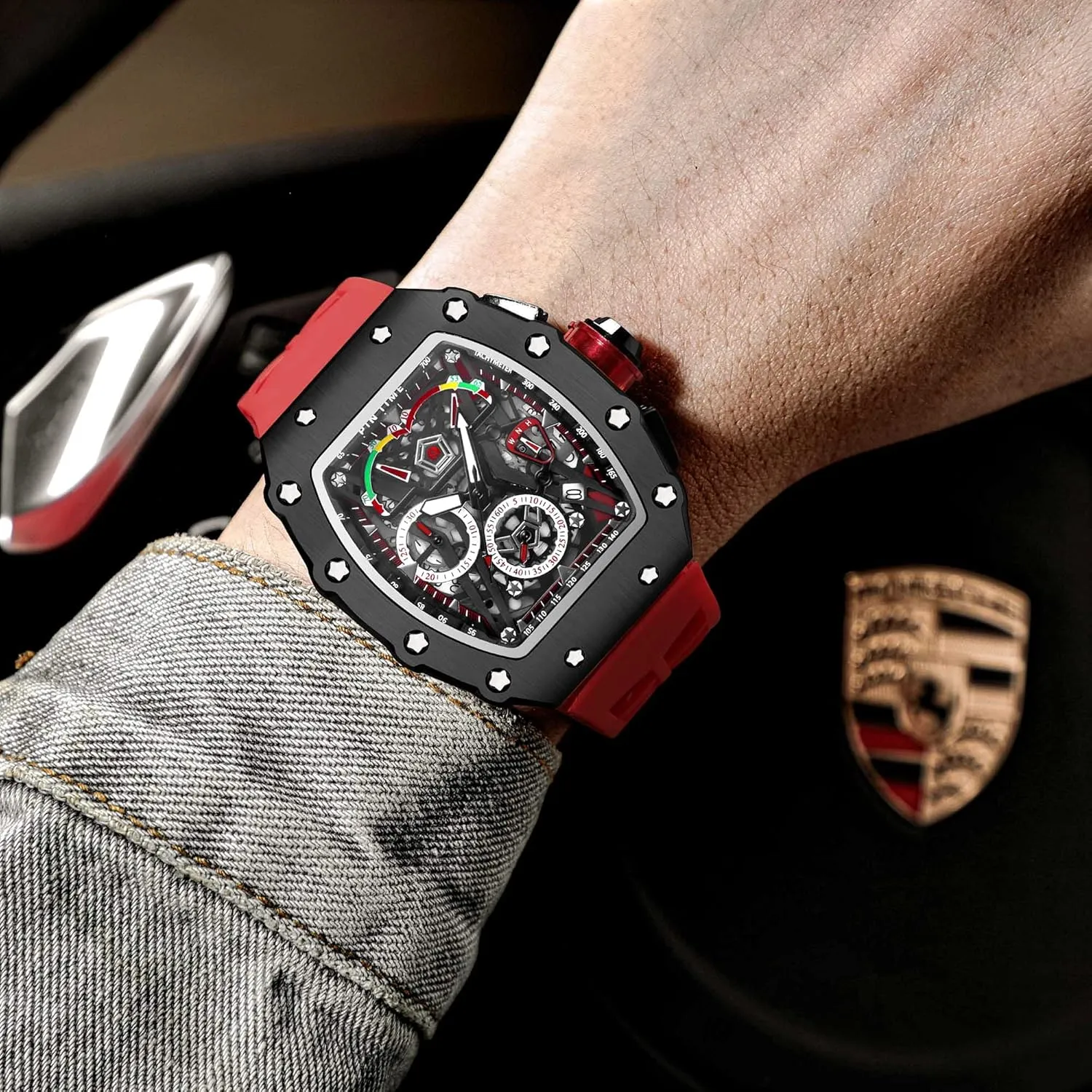 Men attractively prehistoric Waterproof Analog Chronograph Sports Work Mens Wrist Watch Luminous Silicone Band Gosasa Mens Unique Punk Bling Iced Out Dress Watches Tonneau Rectangle Watches for 