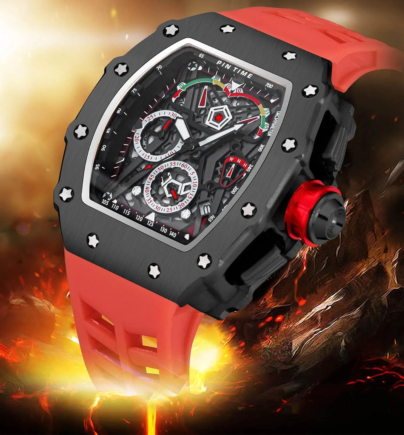 Men attractively prehistoric Waterproof Analog Chronograph Sports Work Mens Wrist Watch Luminous Silicone Band Gosasa Mens Unique Punk Bling Iced Out Dress Watches Tonneau Rectangle Watches for 