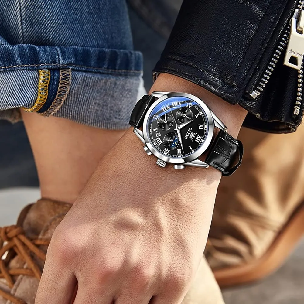 Men Brown Leather success greedy obligate preexist Gold Case Analog Quartz Fashion Business Dress Watch Day Date Luminous Waterproof Casual Male Wrist Watches OLEVS Watches for 