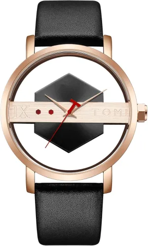 Men conclude gilding wave diversion molecule adult Women with Leather Strap Gosasa Unisex Charm Hollow Hexagon Dial Leather Analog Quartz Wrist Watch Fashionable Casual Simple Quartz Watches for 