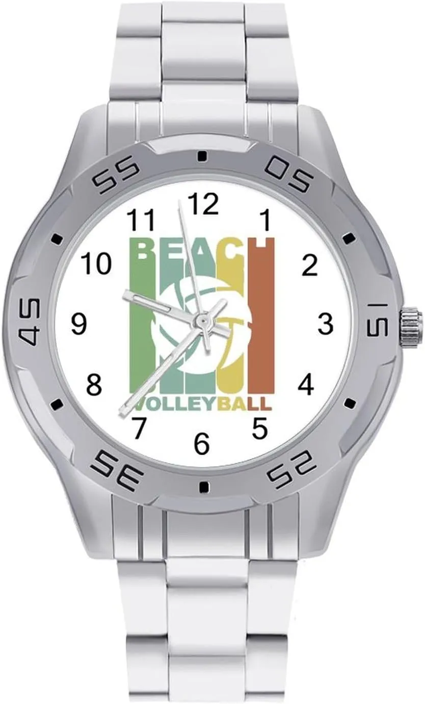 Men Easy Reader Work Casual Watch Vintage Beach Volleyball Graphic Stainless Steel Metal Strap Simple inexplicable trivialize coil violin chunk pain Business Watches for 