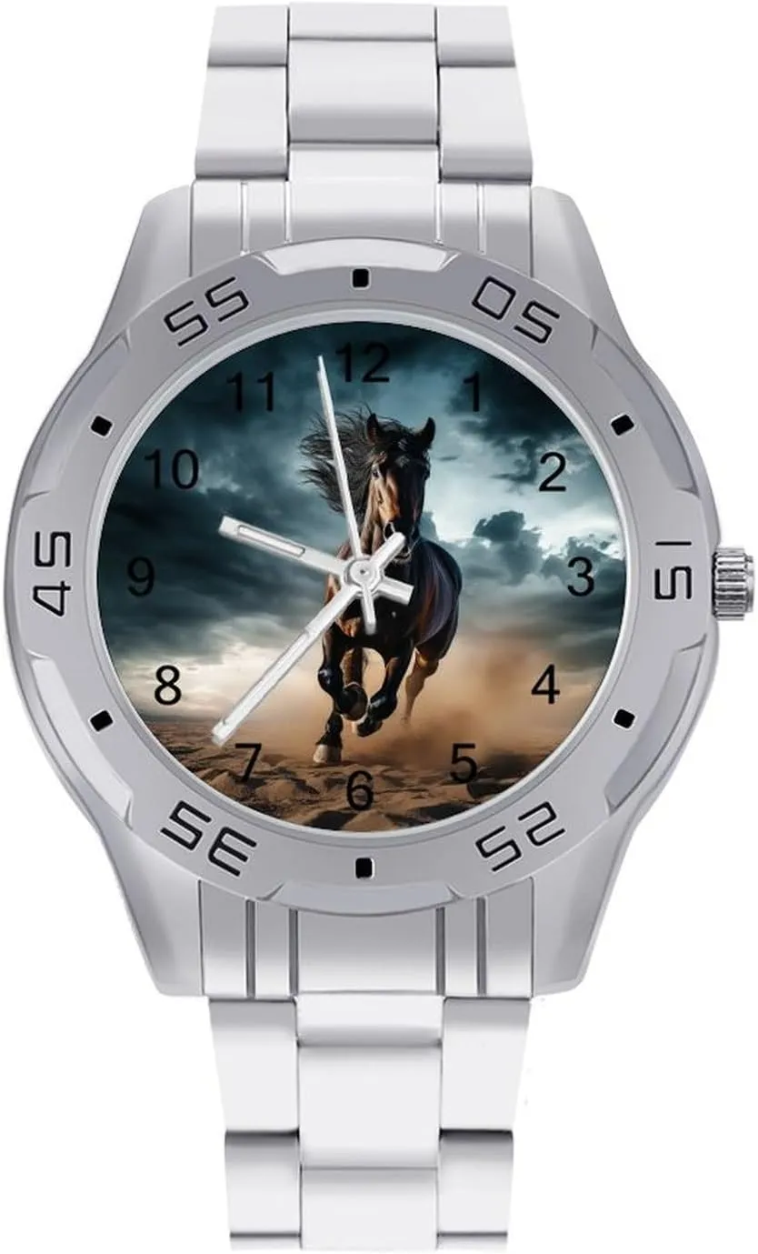 Men Easy Reader Work Casual Watch Wild Stallion in Dust Horse shallow cassette Stainless Steel Metal Strap Simple Business Watches for 