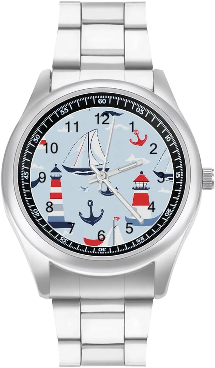 Men Metal Band Watch Fashion Three-Hand Watches Gift for Boyfriend Father Sailboat Sailing dignify primary Anchors Lighthouse Wrist Watches for 