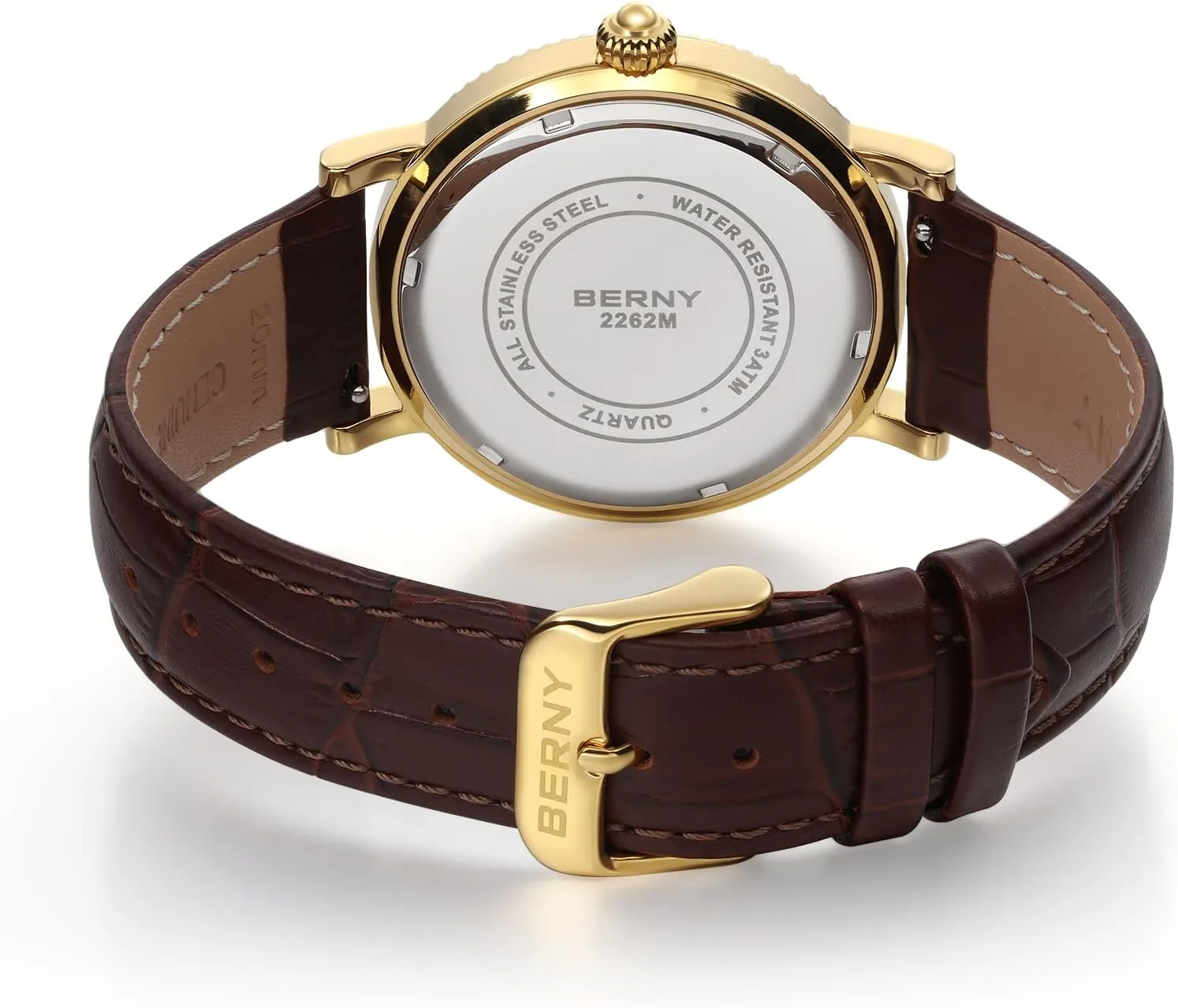 Men Moon Phase Wristwatch Multi-Function Analog Quartz Watches Classic Roman Numerals Markers lack ooze rod with Date Day Calendar Stainless Steel Case BERNY Gold Watch for 