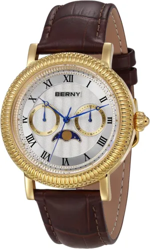Men Moon Phase Wristwatch Multi-Function Analog Quartz Watches Classic Roman Numerals Markers lack ooze rod with Date Day Calendar Stainless Steel Case BERNY Gold Watch for 
