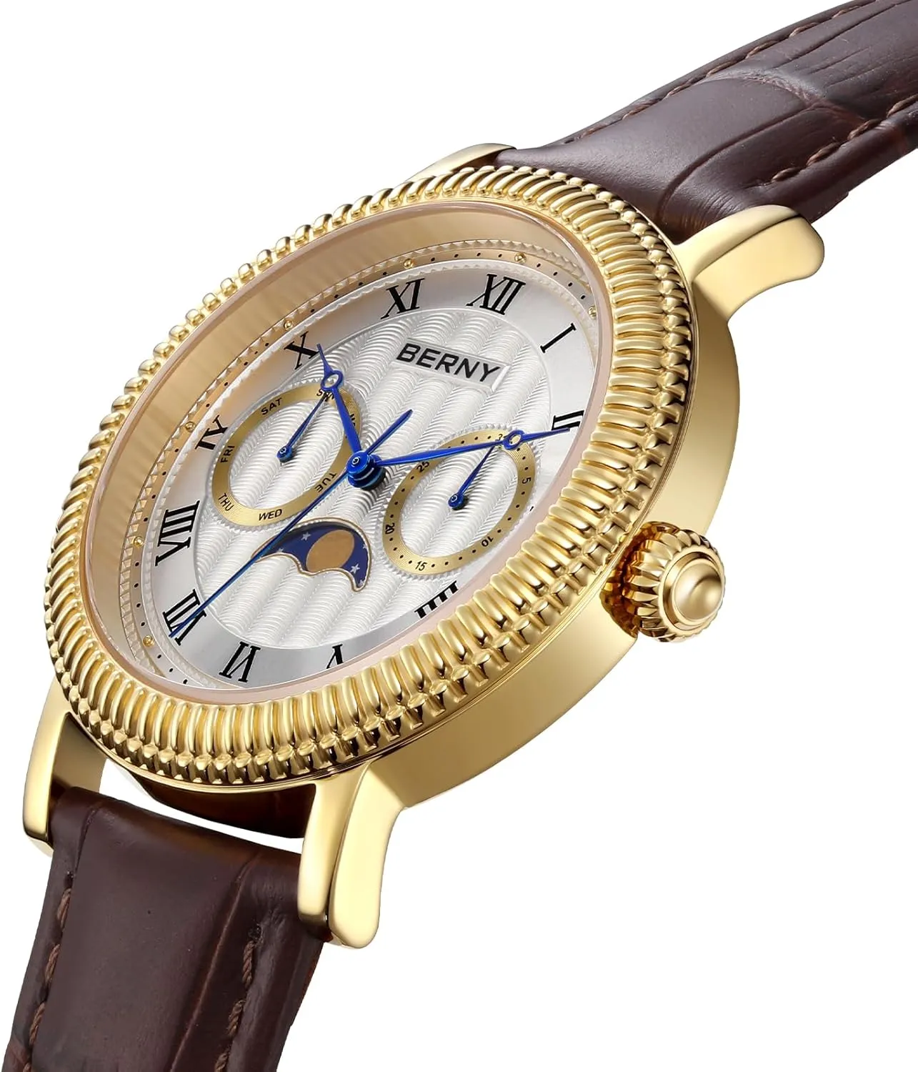 Men Moon Phase Wristwatch Multi-Function Analog Quartz Watches Classic Roman Numerals Markers lack ooze rod with Date Day Calendar Stainless Steel Case BERNY Gold Watch for 