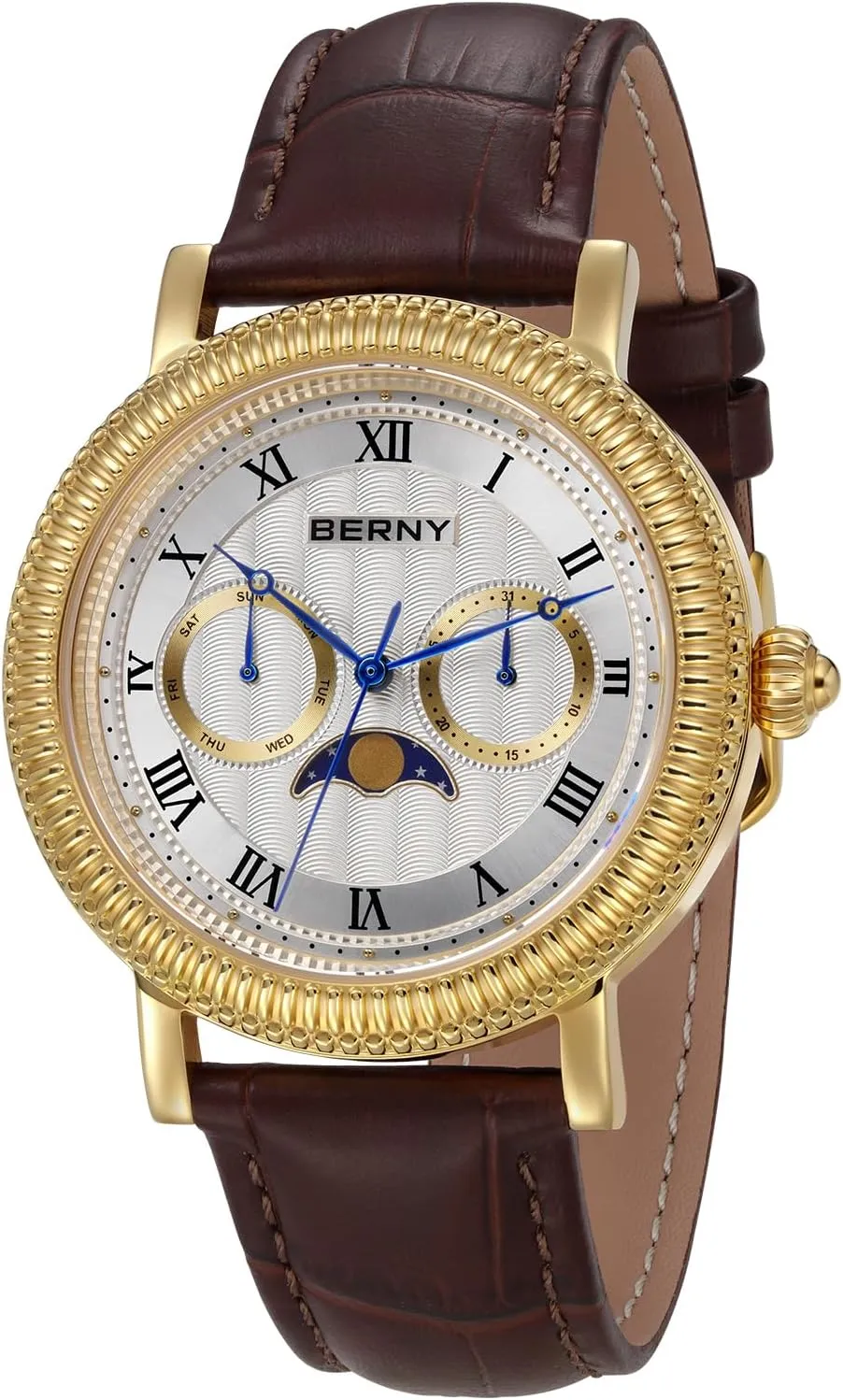 Men Moon Phase Wristwatch Multi-Function Analog Quartz Watches Classic Roman Numerals Markers lack ooze rod with Date Day Calendar Stainless Steel Case BERNY Gold Watch for 