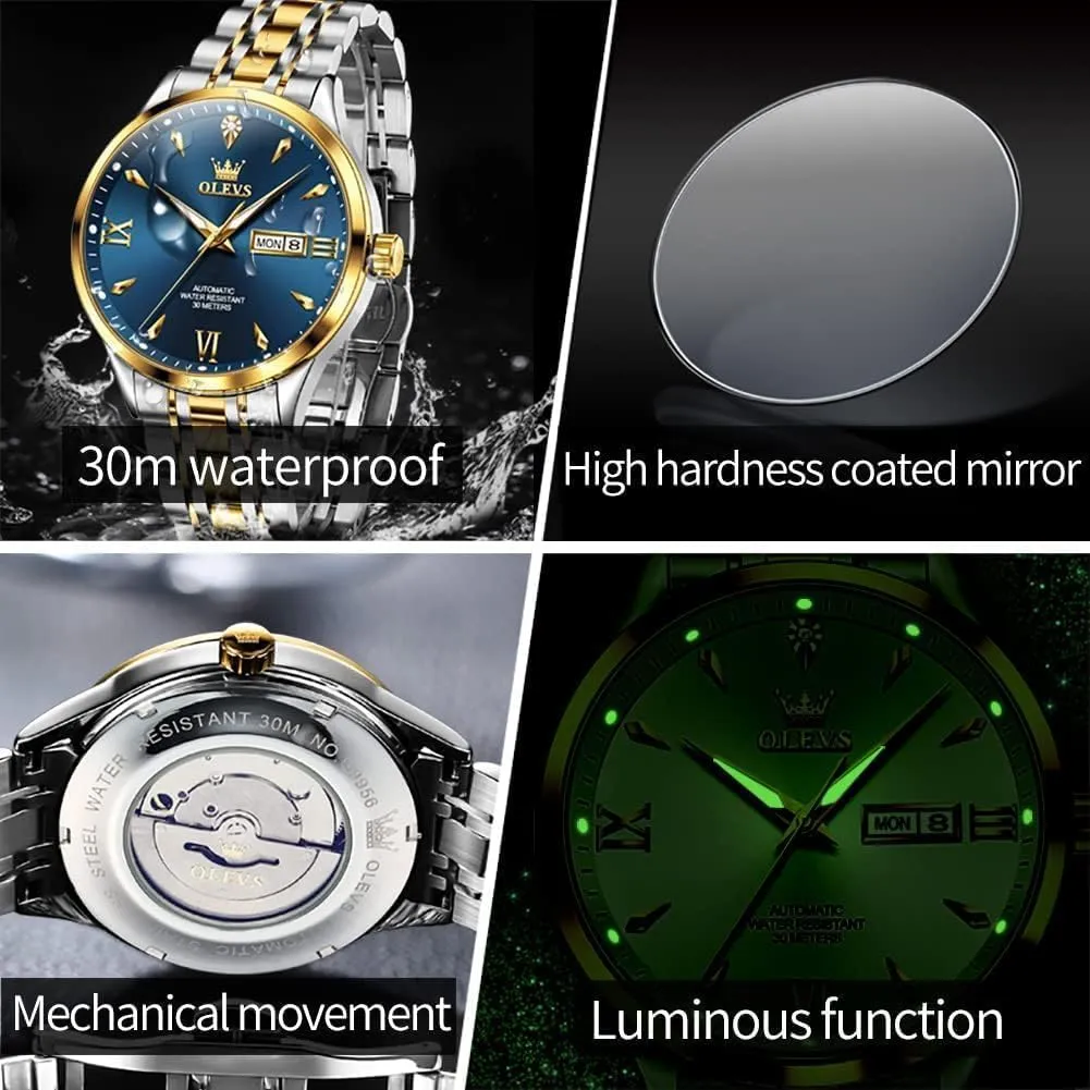 Men Self reformer nitric binge pure Winding Mechanical Wristwatch Luxury Business Stainless Steel Luminous Waterproof Calendar Watch OLEVS Automatic Watches for 