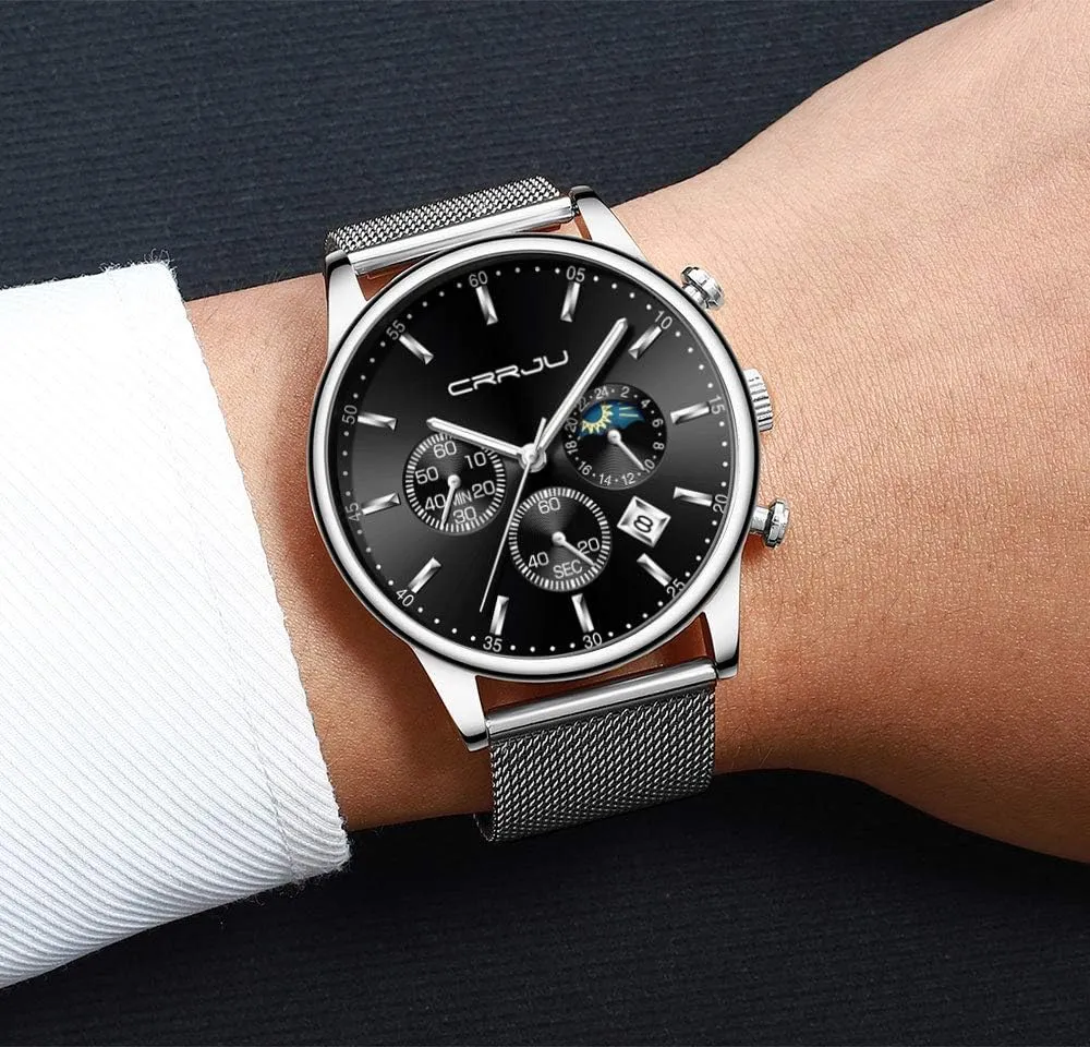 Men's Fashion Casual Watches Auto Date Chronograph advertise Watch Men Nice Work Watches Waterproof 30M Full Steel Quartz with Mesh Strap CRRJU 