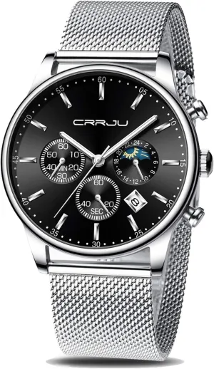 Men's Fashion Casual Watches Auto Date Chronograph advertise Watch Men Nice Work Watches Waterproof 30M Full Steel Quartz with Mesh Strap CRRJU 
