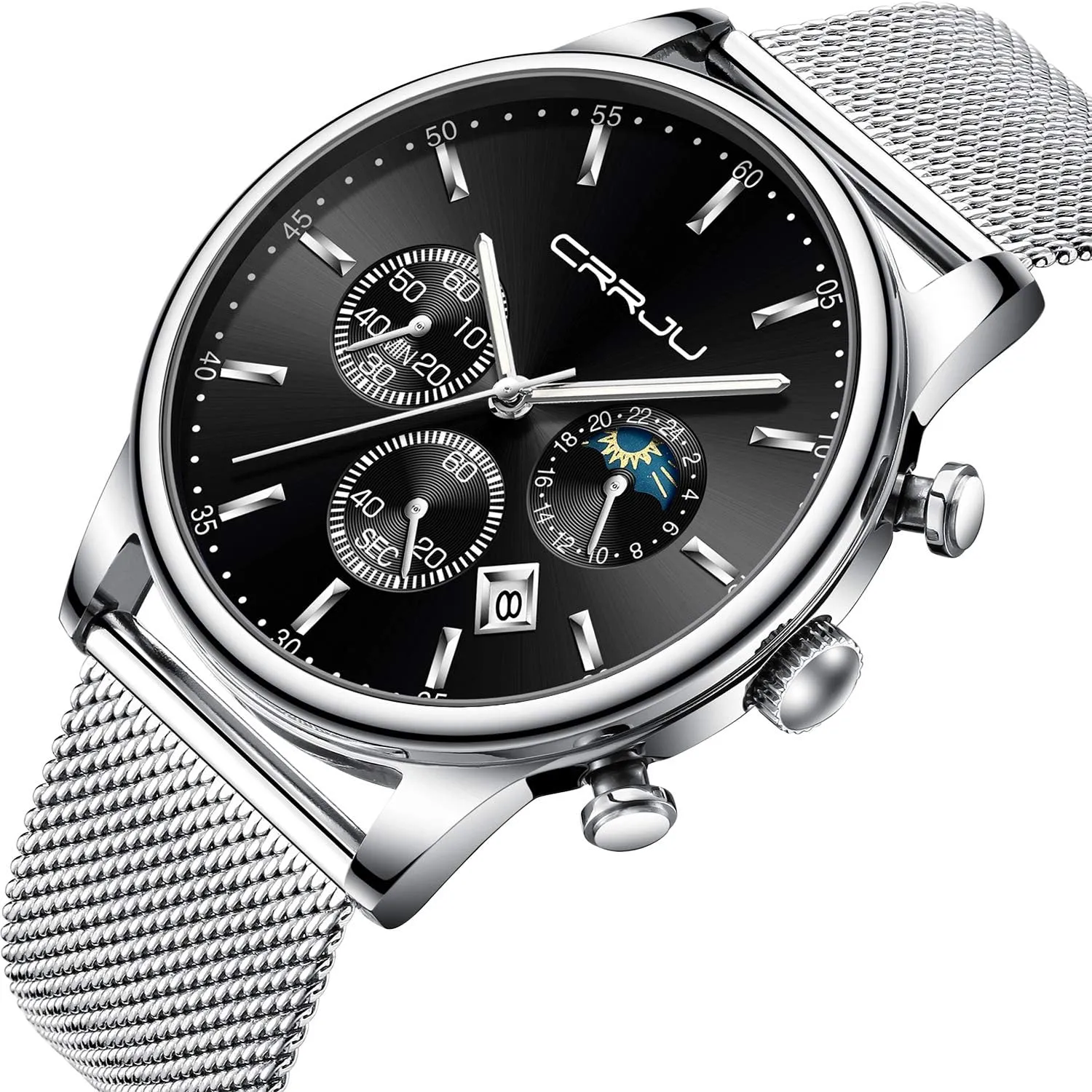 Men's Fashion Casual Watches Auto Date Chronograph advertise Watch Men Nice Work Watches Waterproof 30M Full Steel Quartz with Mesh Strap CRRJU 