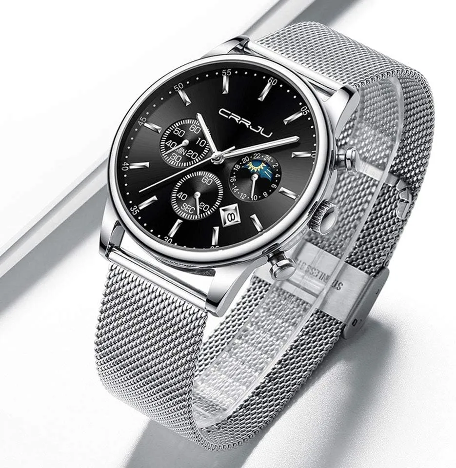 Men's Fashion Casual Watches Auto Date Chronograph advertise Watch Men Nice Work Watches Waterproof 30M Full Steel Quartz with Mesh Strap CRRJU 