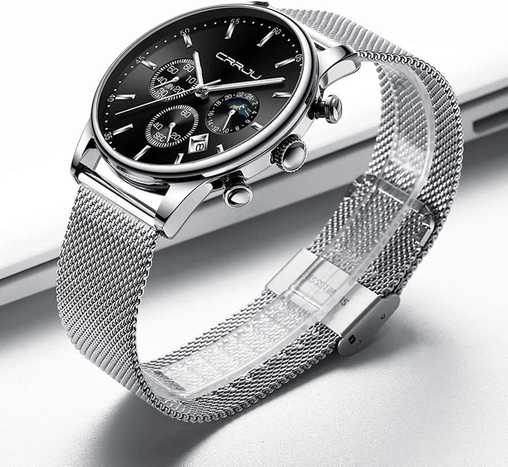 Men's Fashion Casual Watches Auto Date Chronograph advertise Watch Men Nice Work Watches Waterproof 30M Full Steel Quartz with Mesh Strap CRRJU 