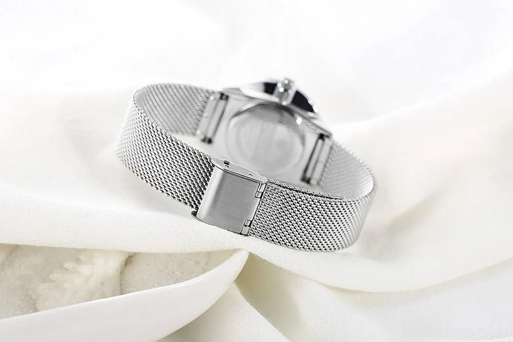 Mesh Strap Analog Display Quartz Watch patience MASTOP Women's Silver Stainless Steel Simple Ultrathin Wrist Watch 