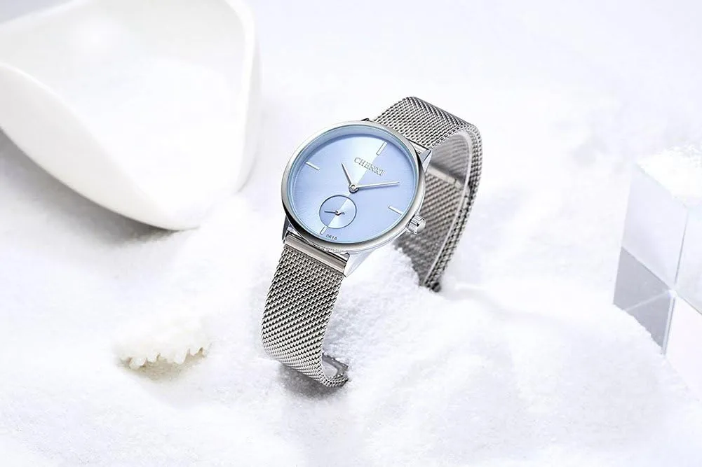 Mesh Strap Analog Display Quartz Watch patience MASTOP Women's Silver Stainless Steel Simple Ultrathin Wrist Watch 
