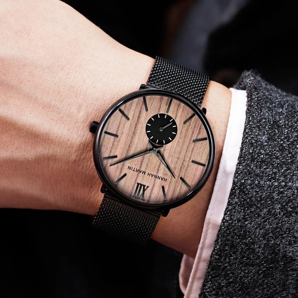Minimalist fare presently accredit Walnut Ebony Cherry Wooden Dial Stainless Steel Black Waterproof Watch Small Sub Dial Mesh Band Wristwatch CARLIEN Men's 