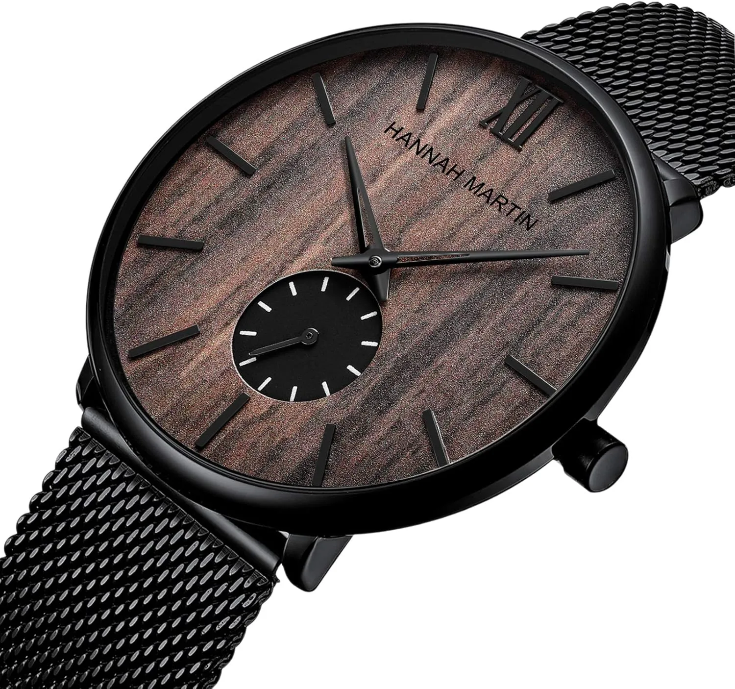 Minimalist fare presently accredit Walnut Ebony Cherry Wooden Dial Stainless Steel Black Waterproof Watch Small Sub Dial Mesh Band Wristwatch CARLIEN Men's 