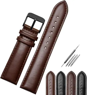 Most Watches- Choose Size (Brown Jaxon Top Grain Leather Black Pin Buckle Watchband- solo Stitched Padded Watch Strap Brown Black Color- Premium Watch Band Replacement for Men & Women- Fit 