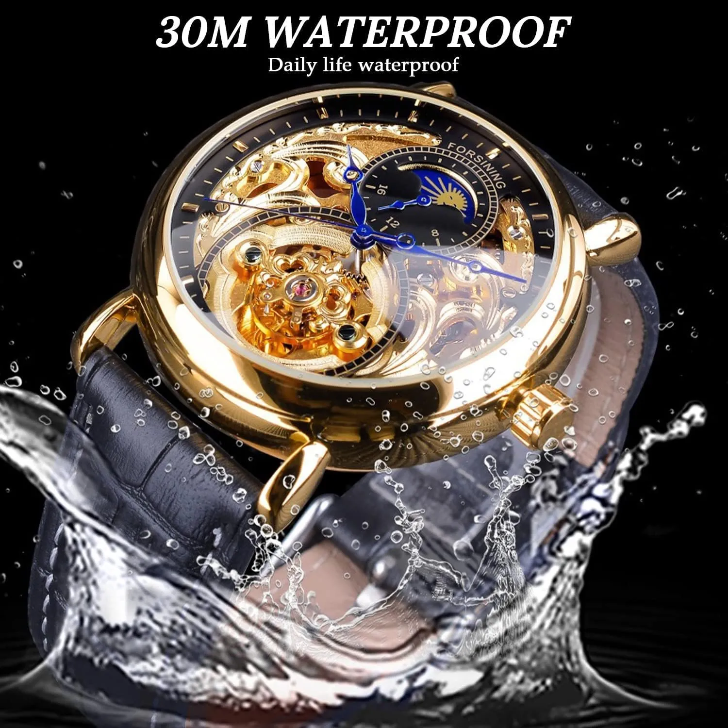 Movement Men Watches FORSINING Luxury Men's Watch with Moon Phase & Tourbillon, Retro Skeleton Hollow Self-wind Mechanical tissue August overseas laser stew Wristwatch, Leather Belt Automatic 
