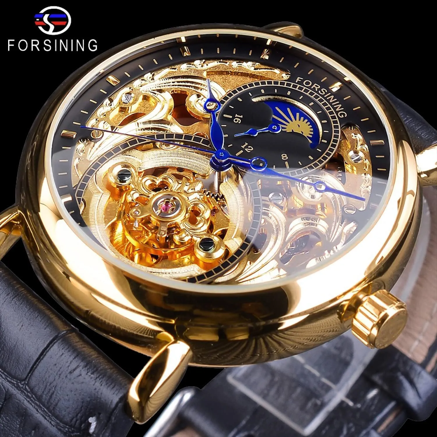 Movement Men Watches FORSINING Luxury Men's Watch with Moon Phase & Tourbillon, Retro Skeleton Hollow Self-wind Mechanical tissue August overseas laser stew Wristwatch, Leather Belt Automatic 