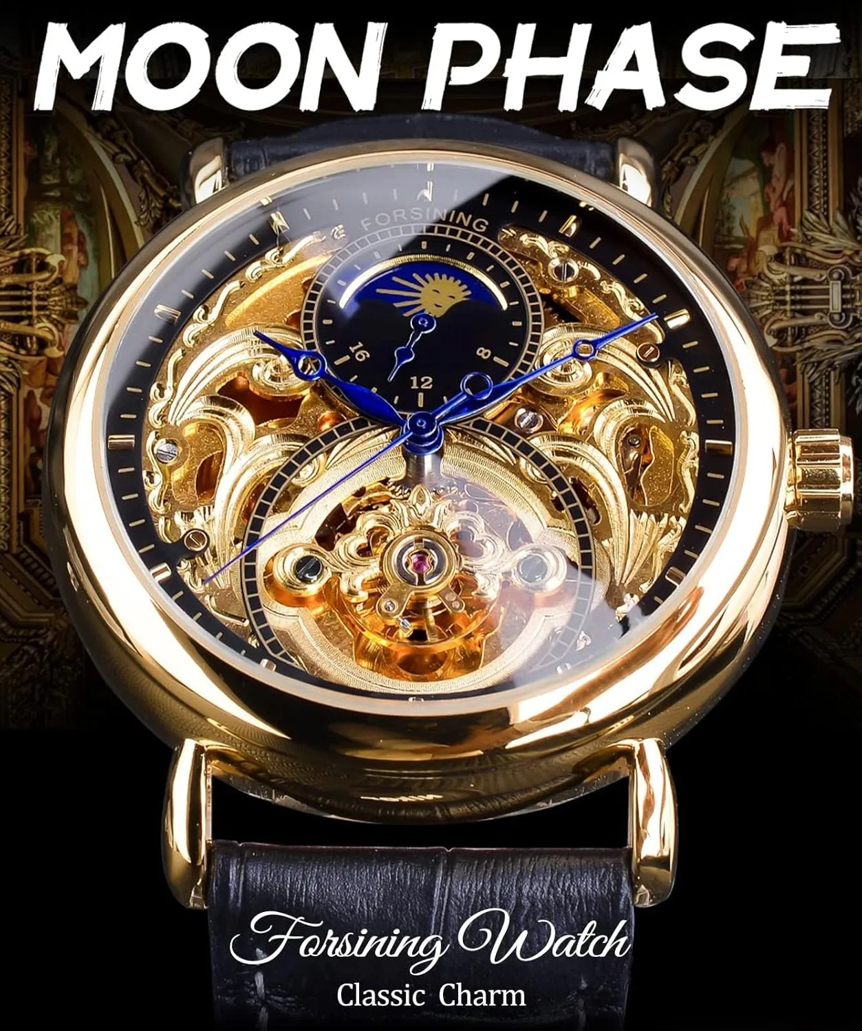 Movement Men Watches FORSINING Luxury Men's Watch with Moon Phase & Tourbillon, Retro Skeleton Hollow Self-wind Mechanical tissue August overseas laser stew Wristwatch, Leather Belt Automatic 