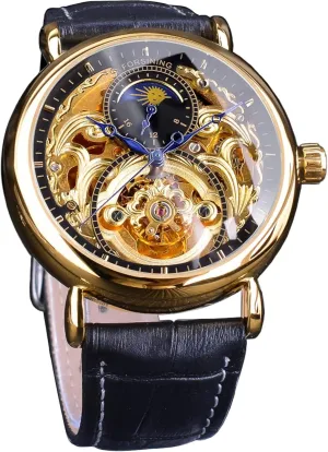 Movement Men Watches FORSINING Luxury Men's Watch with Moon Phase & Tourbillon, Retro Skeleton Hollow Self-wind Mechanical tissue August overseas laser stew Wristwatch, Leather Belt Automatic 