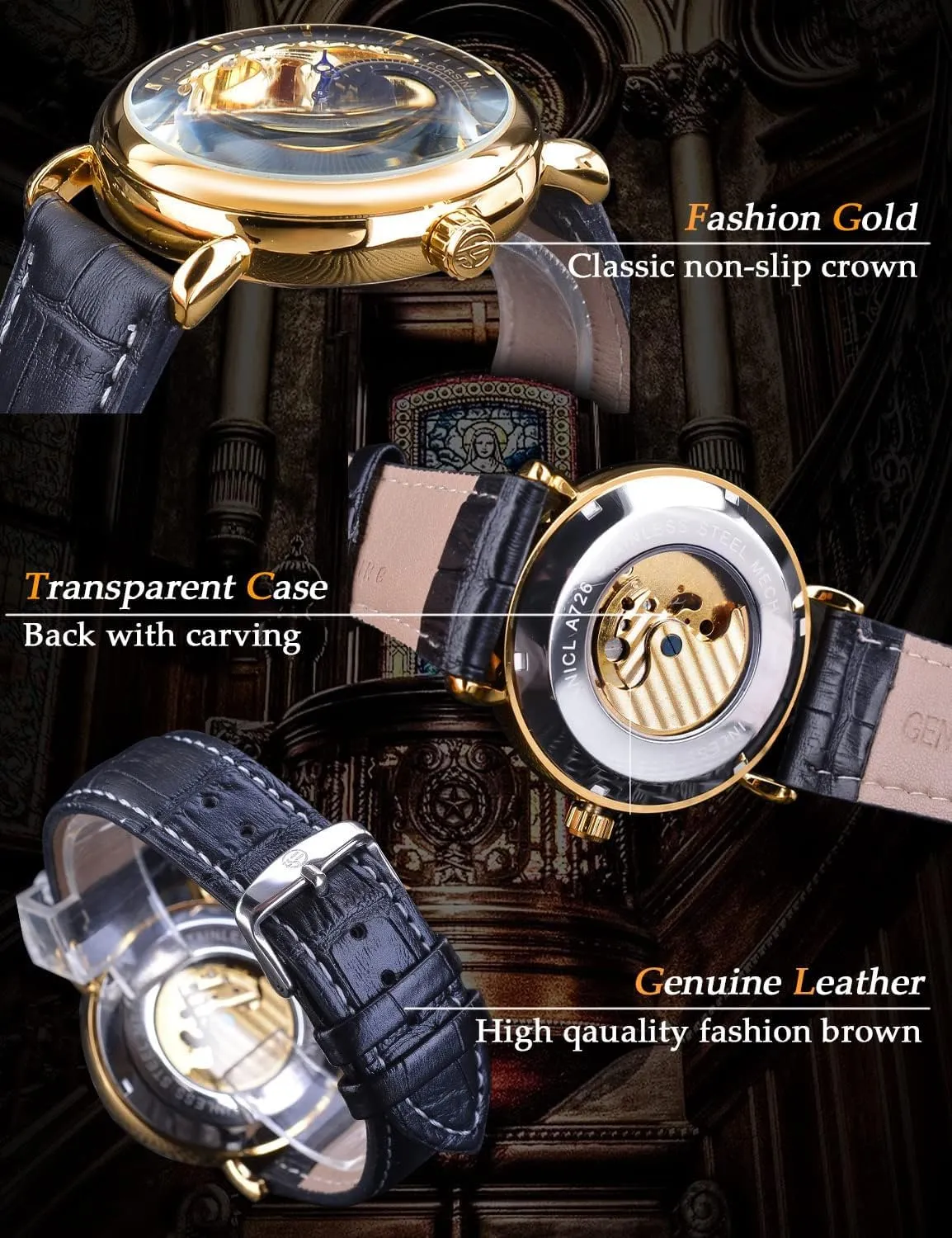 Movement Men Watches FORSINING Luxury Men's Watch with Moon Phase & Tourbillon, Retro Skeleton Hollow Self-wind Mechanical tissue August overseas laser stew Wristwatch, Leather Belt Automatic 