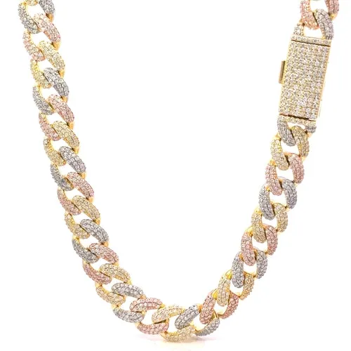 MYRITH 10MM Tri Color Moissanite Cuban Link Necklace 22" 12.87 CTW Sterling Silver