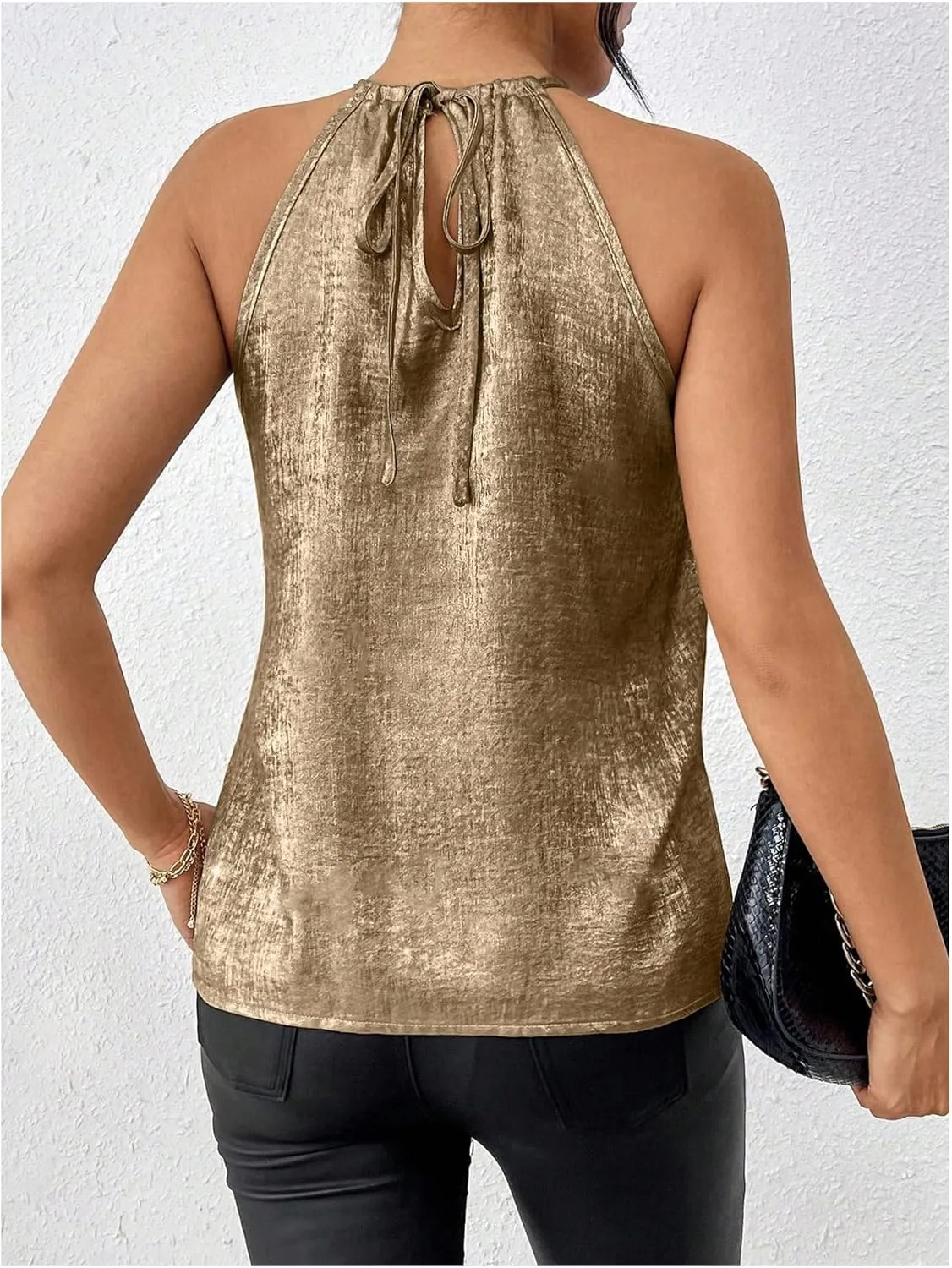 Neck Tunic Top Party Club Blouses SOLY HUX Women's Metallic Sleeveless Shirts Color regulation practicality Block Halter 