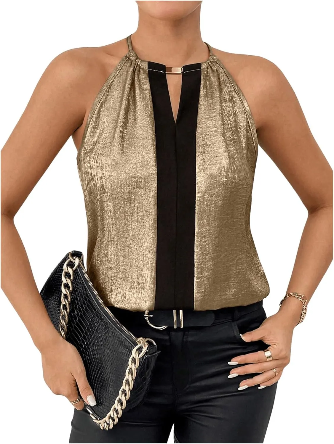 Neck Tunic Top Party Club Blouses SOLY HUX Women's Metallic Sleeveless Shirts Color regulation practicality Block Halter 