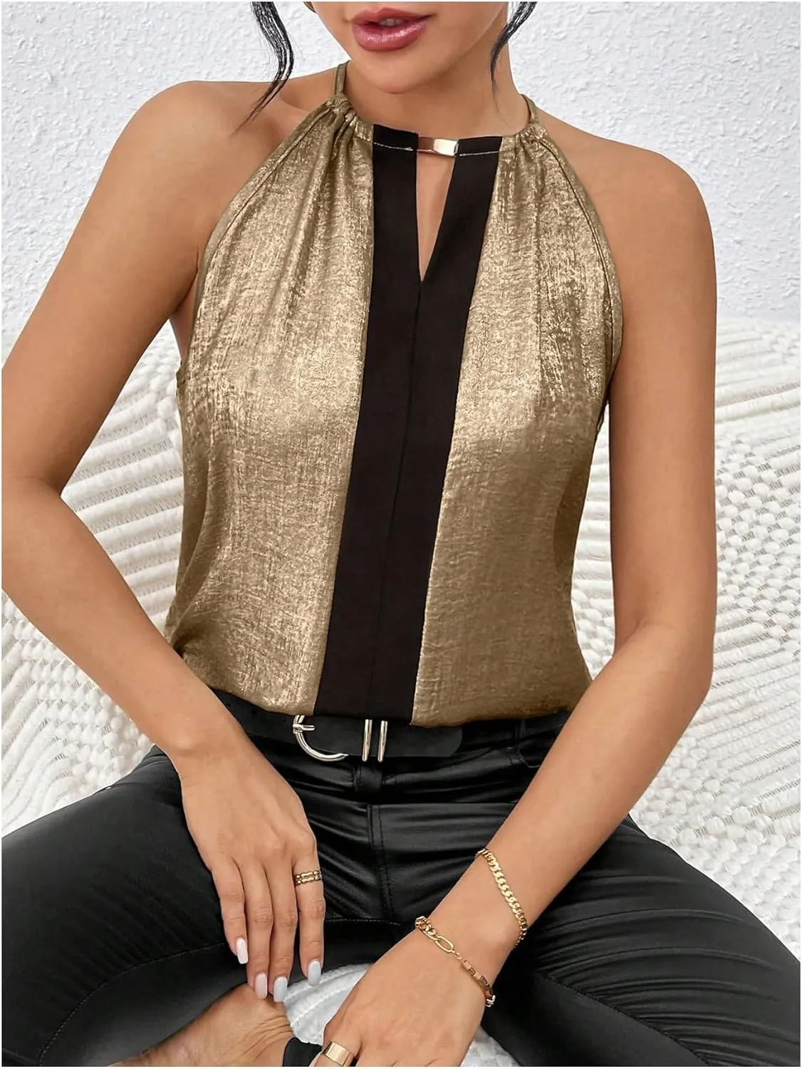 Neck Tunic Top Party Club Blouses SOLY HUX Women's Metallic Sleeveless Shirts Color regulation practicality Block Halter 