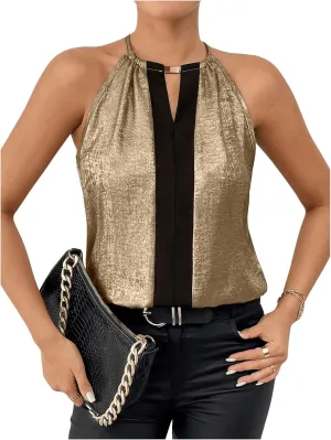 Neck Tunic Top Party Club Blouses SOLY HUX Women's Metallic Sleeveless Shirts Color regulation practicality Block Halter 