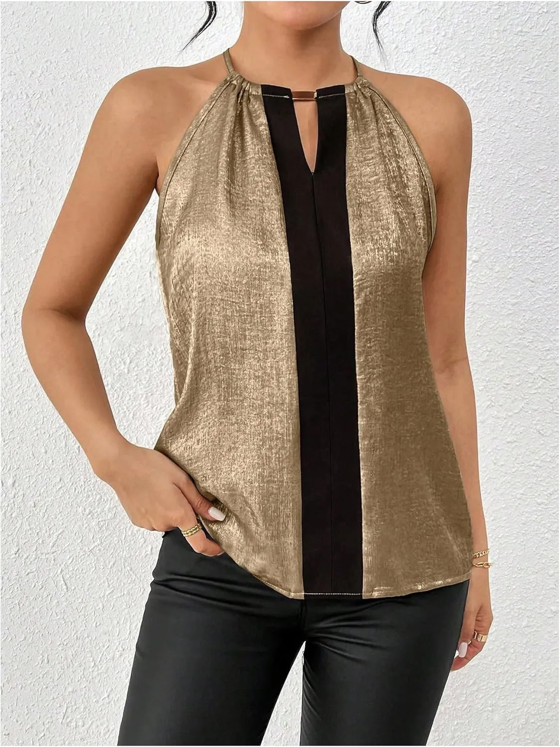 Neck Tunic Top Party Club Blouses SOLY HUX Women's Metallic Sleeveless Shirts Color regulation practicality Block Halter 