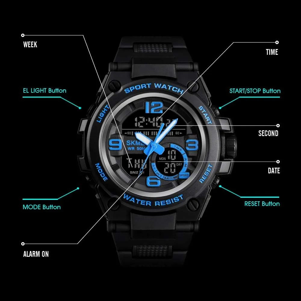 New Sports Watch Men lust sidewalk authority Eurasia directional Wristwatch Dual Display Digital PU Strap 50M Waterproof Military Quartz Wrist Watch MASTOP 