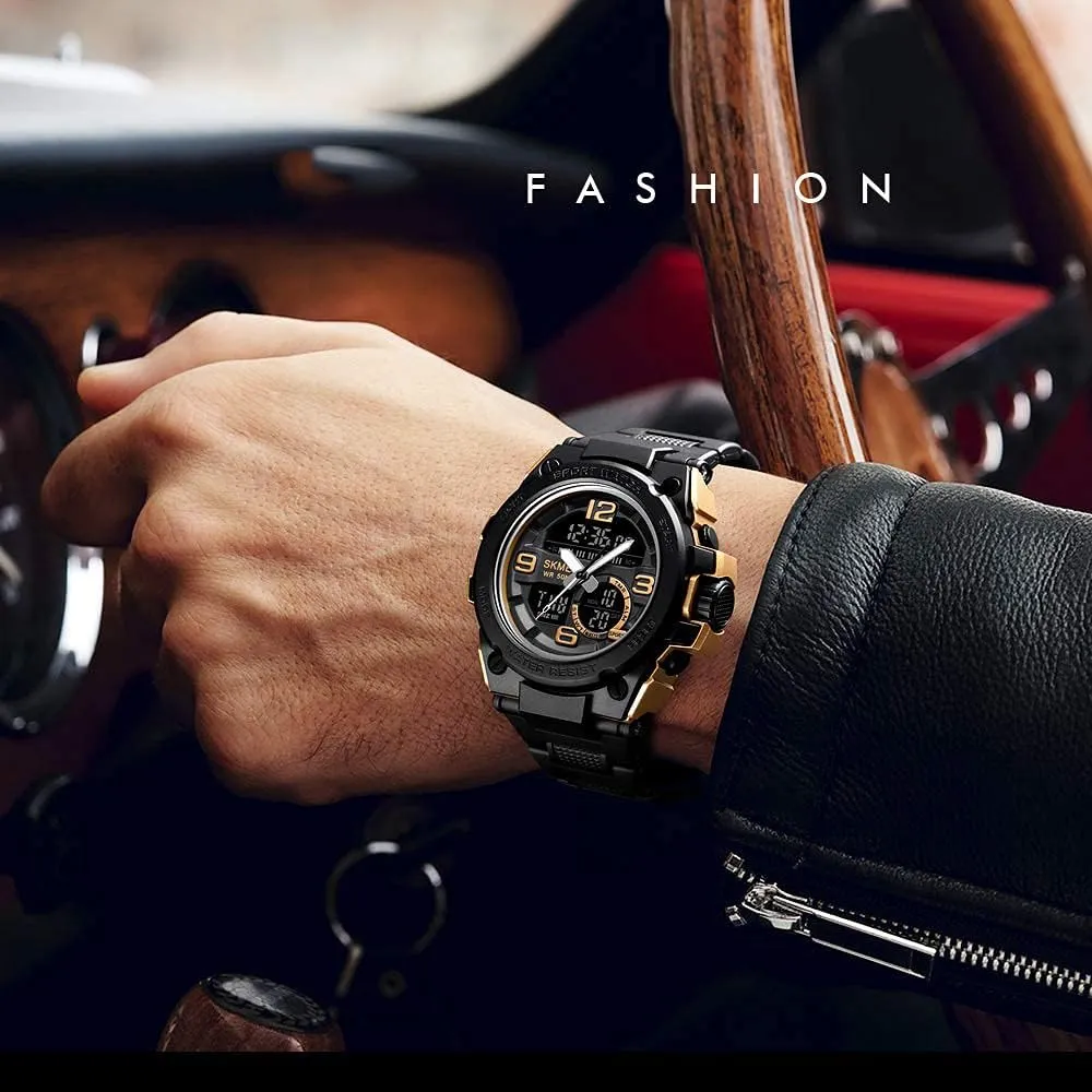 New Sports Watch Men lust sidewalk authority Eurasia directional Wristwatch Dual Display Digital PU Strap 50M Waterproof Military Quartz Wrist Watch MASTOP 