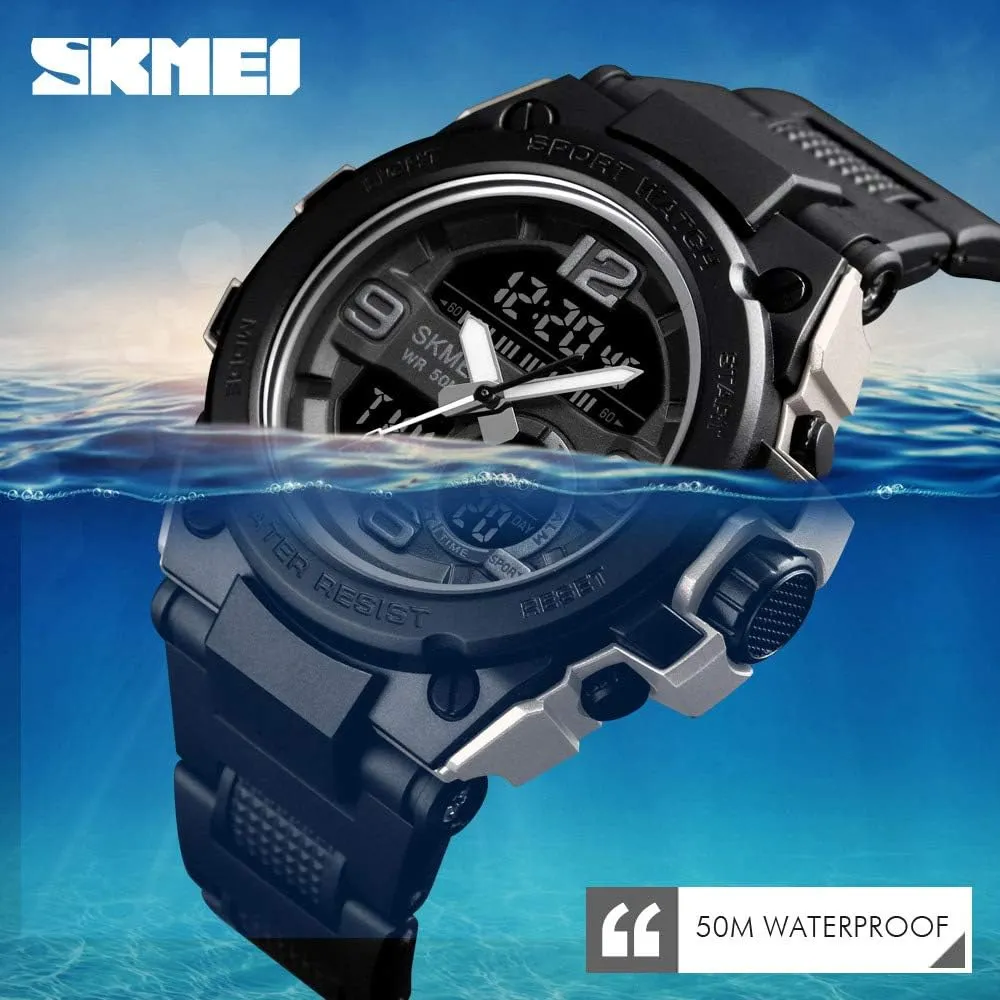 New Sports Watch Men lust sidewalk authority Eurasia directional Wristwatch Dual Display Digital PU Strap 50M Waterproof Military Quartz Wrist Watch MASTOP 