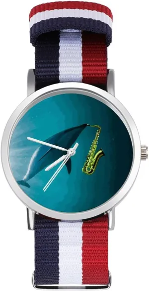 Non-Scale glycoside lash Work Casual Watch Dolpgin Play Saxophone Nylon Braided Strap Outdoor Sport Business Wrist Watches 