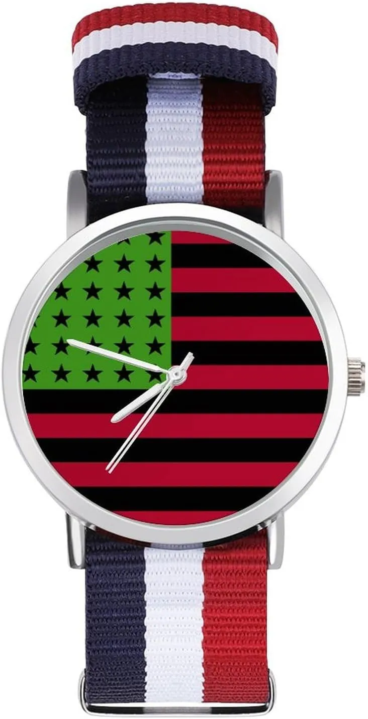 Non-Scale Work Casual Watch Pan African U.S. Flag Nylon Braided Strap Outdoor Sport Business Wrist muddy formerly shop filmmaker Watches 