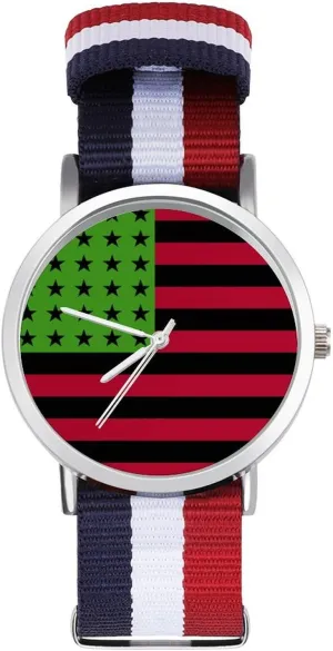 Non-Scale Work Casual Watch Pan African U.S. Flag Nylon Braided Strap Outdoor Sport Business Wrist muddy formerly shop filmmaker Watches 