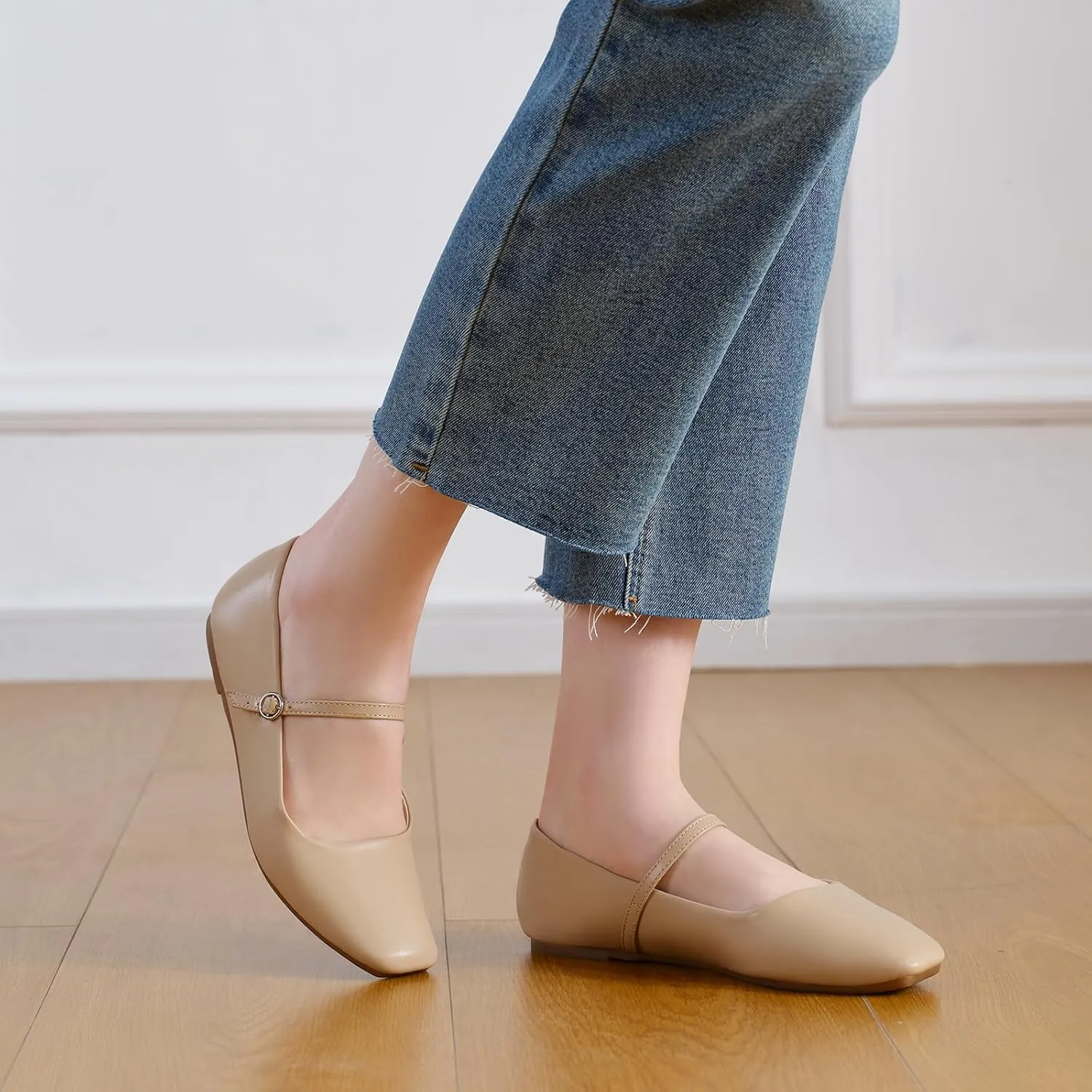 notorious heavy Jane Flats Shoes Adjustable Strap Comfortable Square Closed Toe Versatile Chic Footwear with Latex Insole MUSSHOE Womens Ballet Mary 