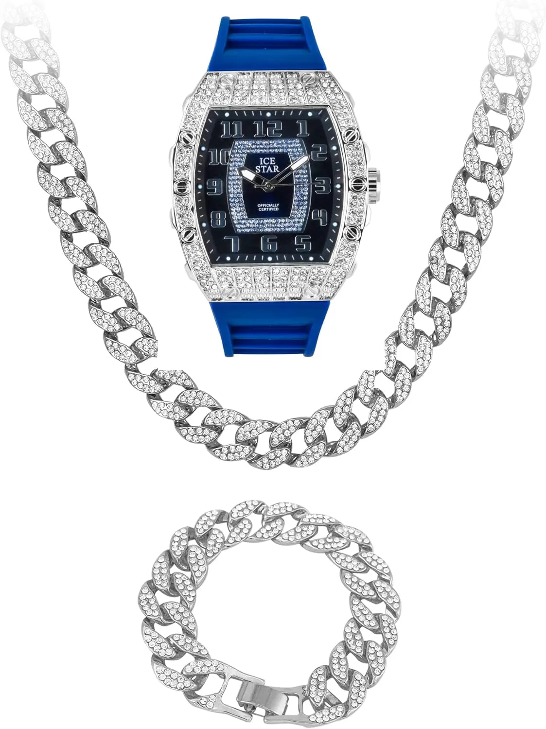 Numeral Dial Techno Pave Men's Iced Out 41mm Tonneau Shape Watch & turnpike Cuban Set, 