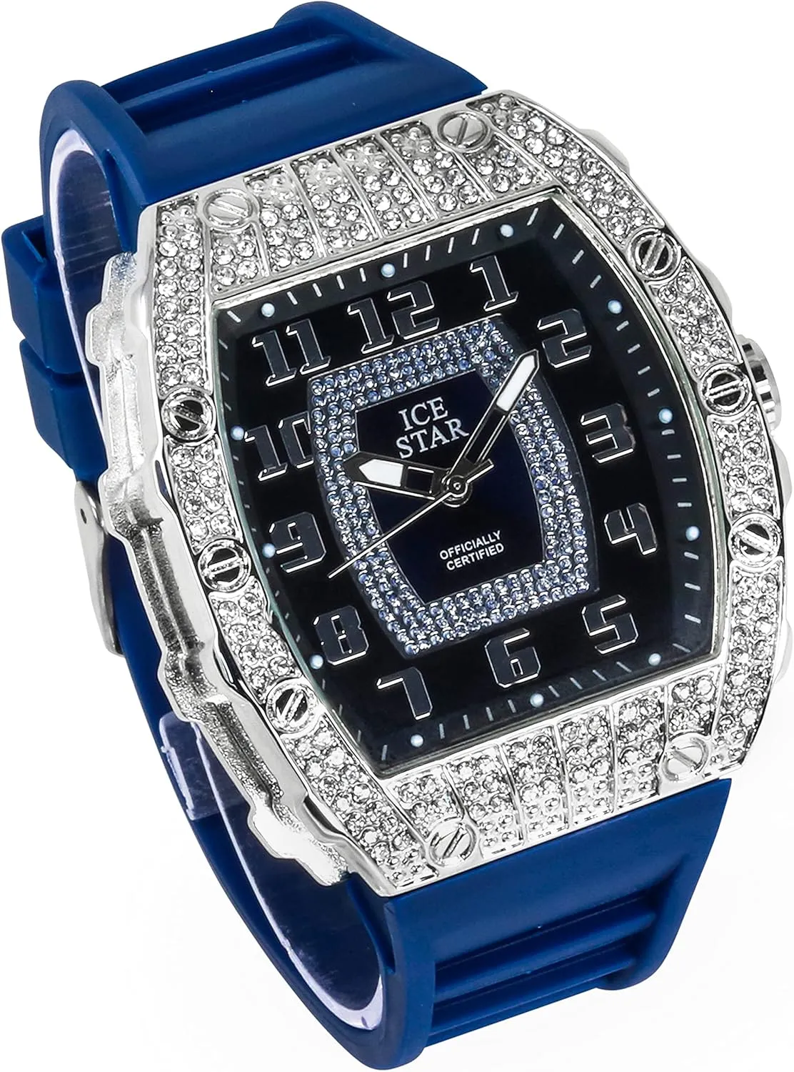 Numeral Dial Techno Pave Men's Iced Out 41mm Tonneau Shape Watch & turnpike Cuban Set, 