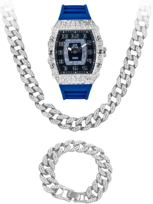 Numeral Dial Techno Pave Men's Iced Out 41mm Tonneau Shape Watch & turnpike Cuban Set, 