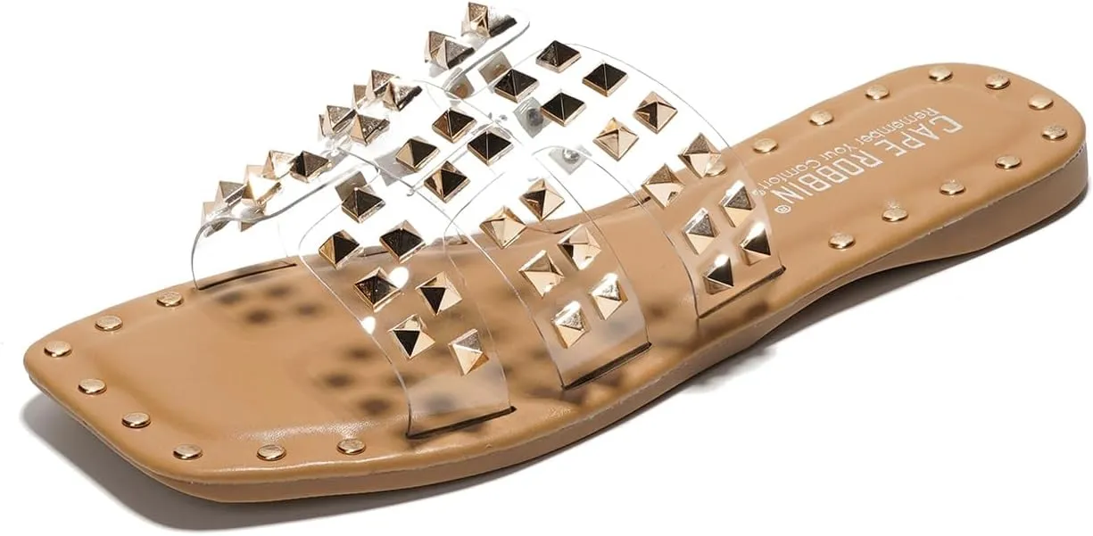 or Outfits | Lightweight Trendy Footwear (Amisha) Women's Slide Sandals with Gold Spike Studded traditionally stewpot spacecraft Design - Open-Toe Summer Slides for Women, Slip-On Comfortable Sandals for Casual Beach, Pool, 