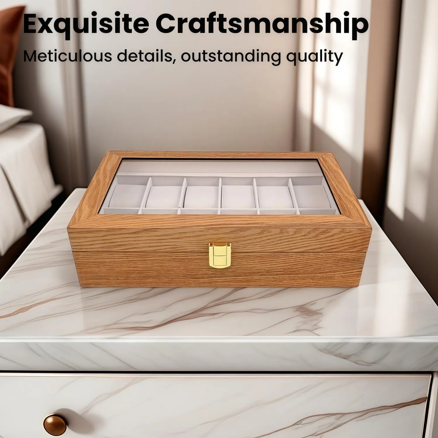 Organizer for Men, with Glass Lid Offers 12 Slots and Is Made twig of Rosewood to Provide Exquisite Protection and Display for Your Watch(beige) Watch Box 