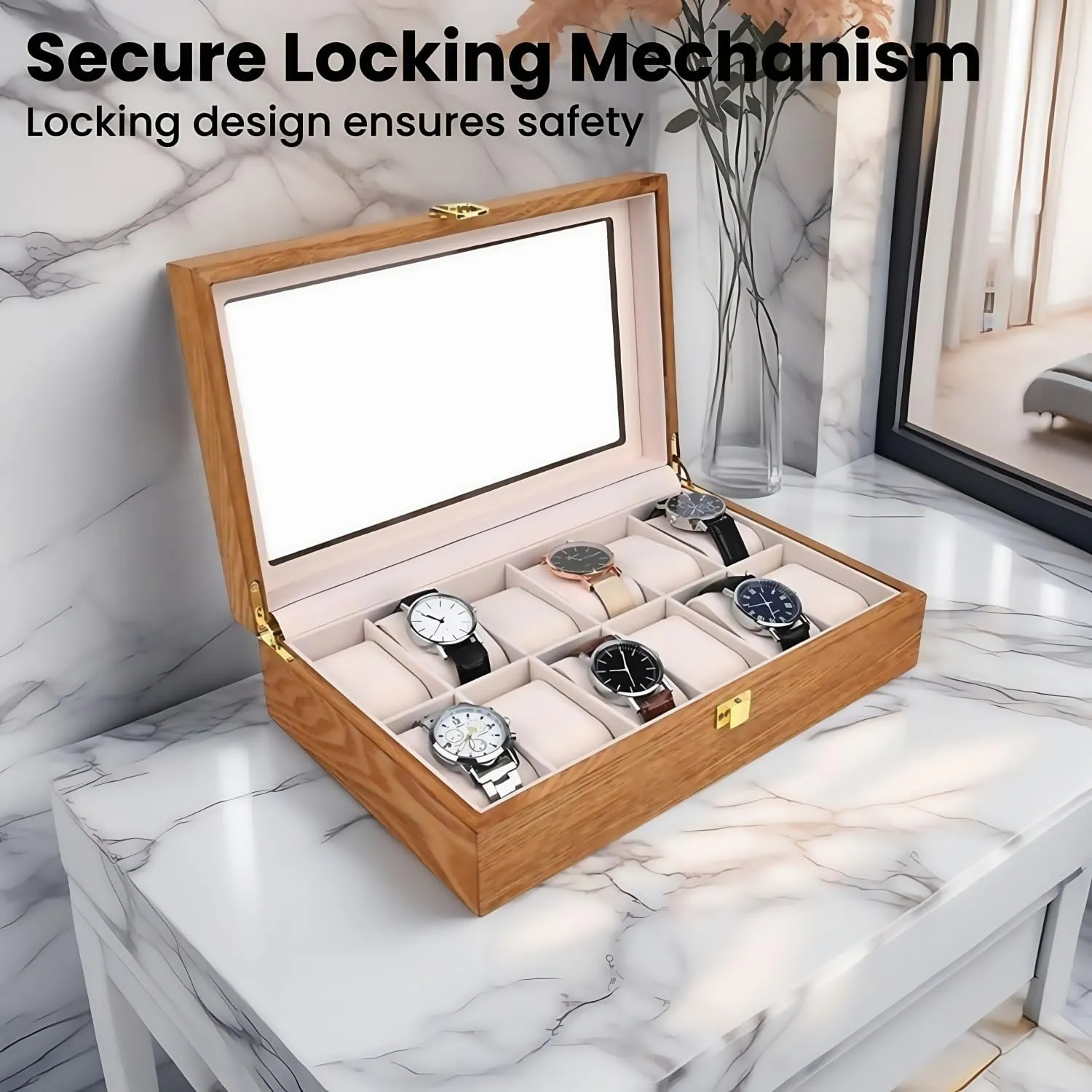 Organizer for Men, with Glass Lid Offers 12 Slots and Is Made twig of Rosewood to Provide Exquisite Protection and Display for Your Watch(beige) Watch Box 