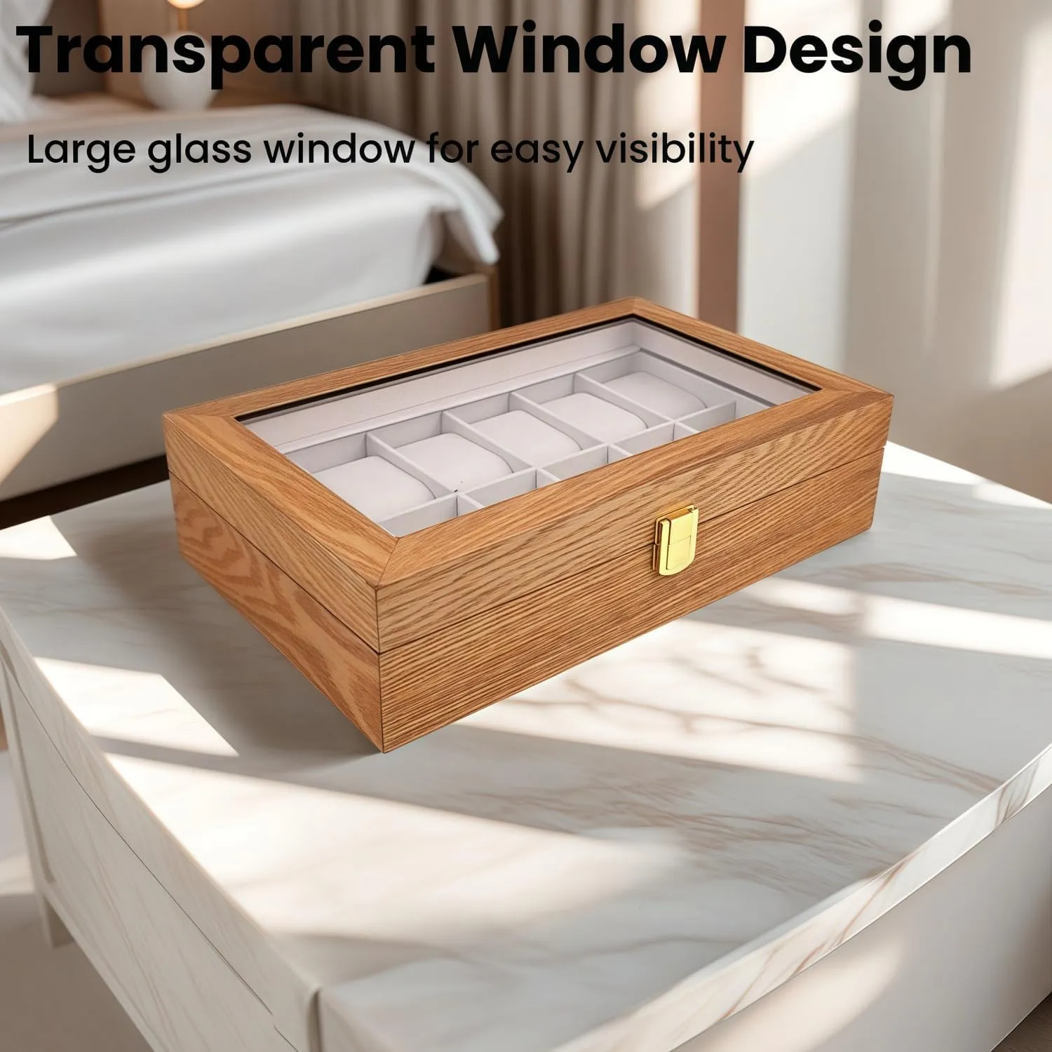 Organizer for Men, with Glass Lid Offers 12 Slots and Is Made twig of Rosewood to Provide Exquisite Protection and Display for Your Watch(beige) Watch Box 